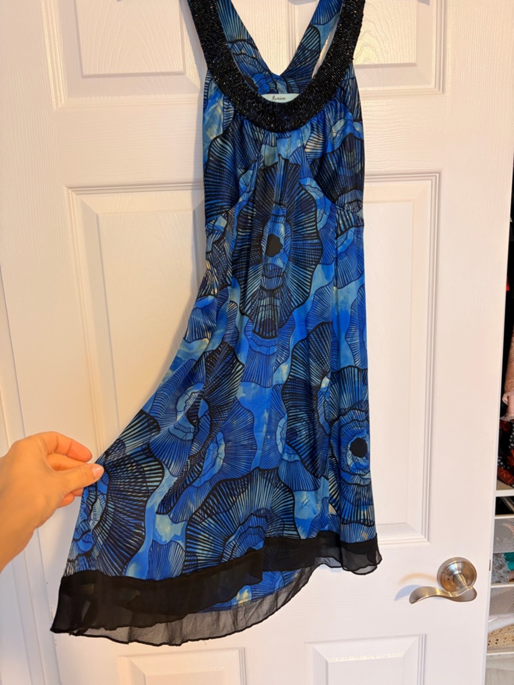 Silk Marciano Blue Printed Beaded Scoop-Neck Sleeveless Chemise slip dress mini - Picture 2 of 8